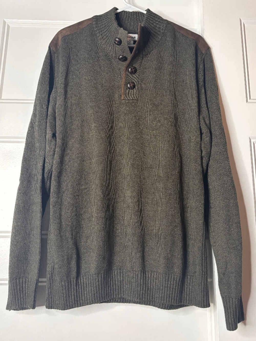 Haggar Quarter Button Pull Over Sweater Gray Brown Leather